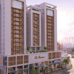 Modern Exterior Of The Residence Clifton With Twin Beige Towers, Large Windows, Balconies, Rooftop Greenery, And Entrance Sig