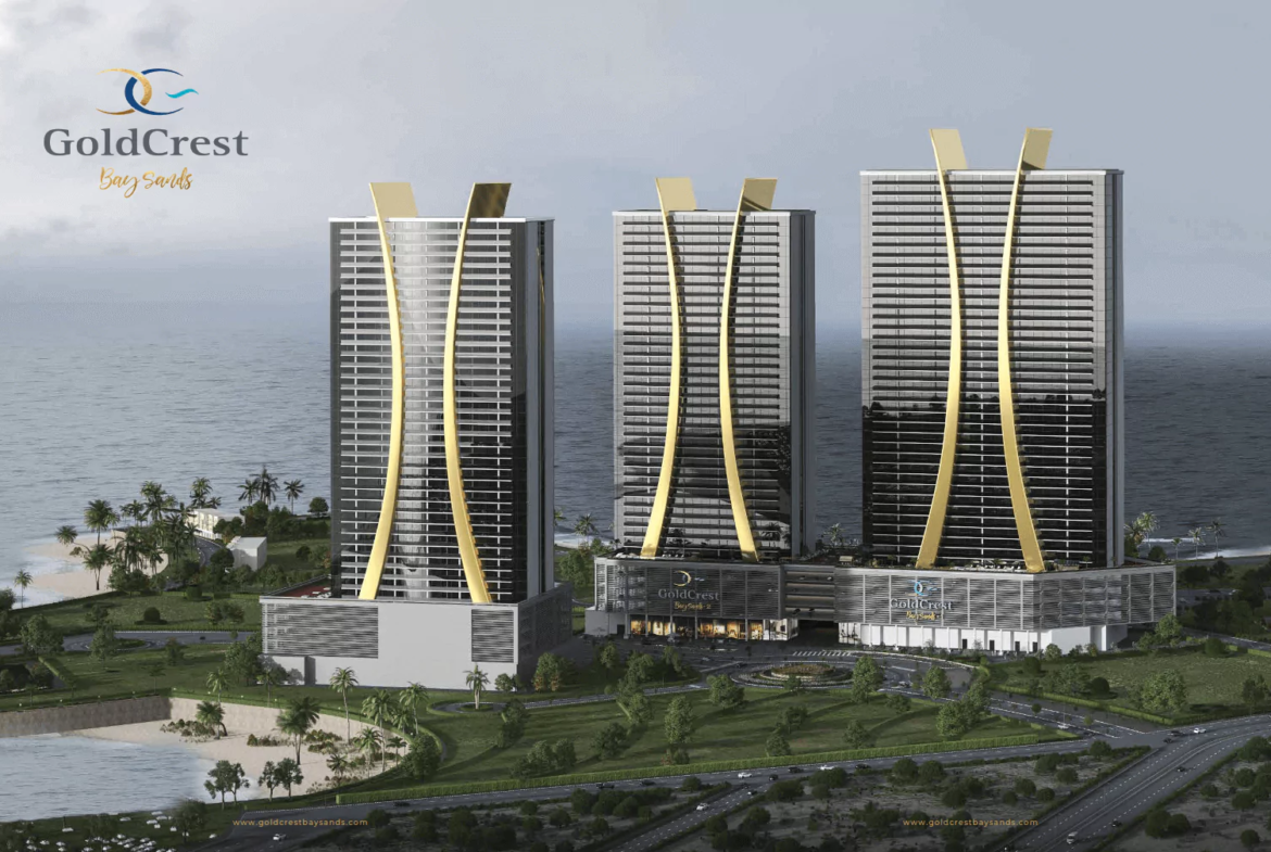 3 Towers View of Goldcrest Bay sand at HMR Waterfront Apartments For Sale In DHA Phase 8 Karachi