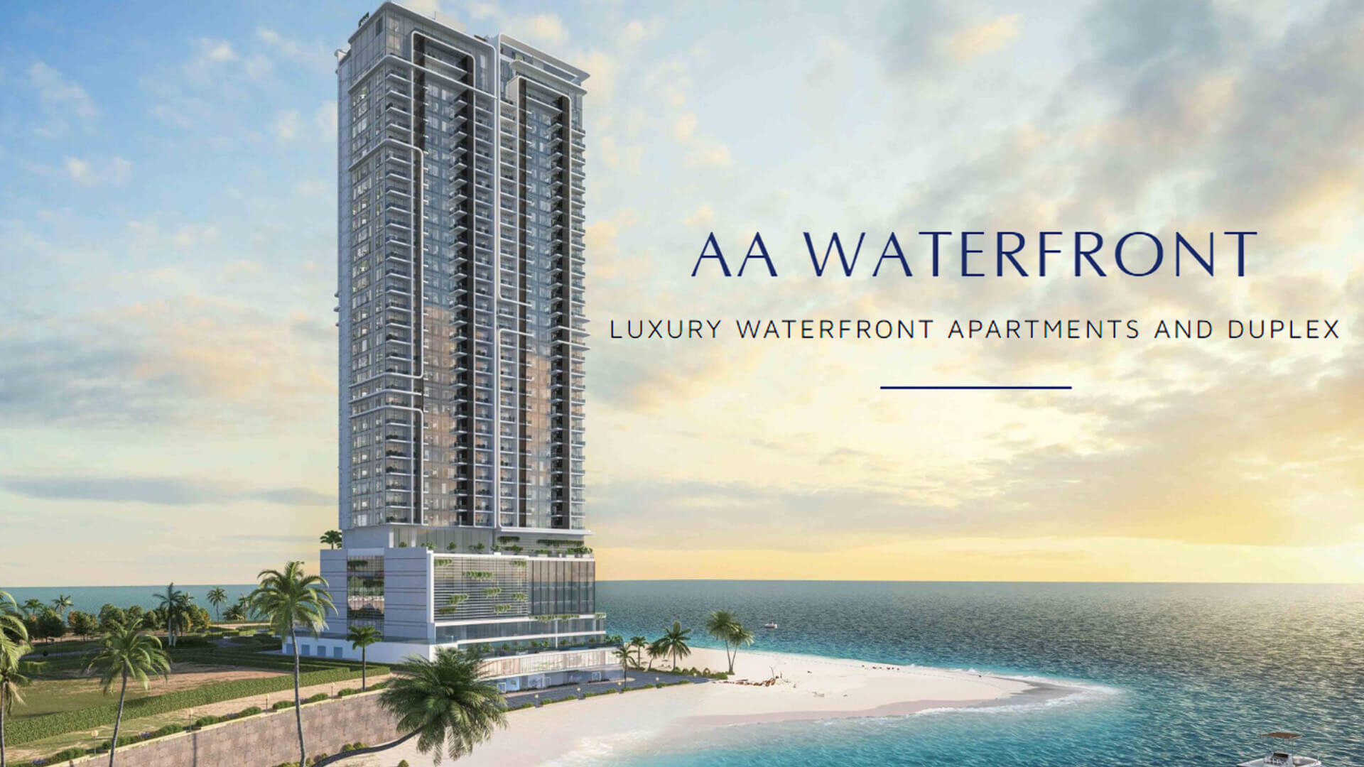 AA Waterfront Apartments Luxury Flats & Penthouse For Sale Modern high-rise AA Waterfront luxury apartments tower on beachfront with ocean and sunset views