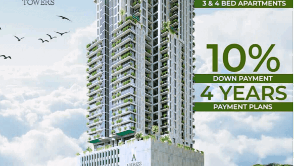 Address Towers Clifton High-Rise With Ultra Luxury 3-4 Bedroom Apartments, Modern White Facade, Balconies, Green Base On Khal