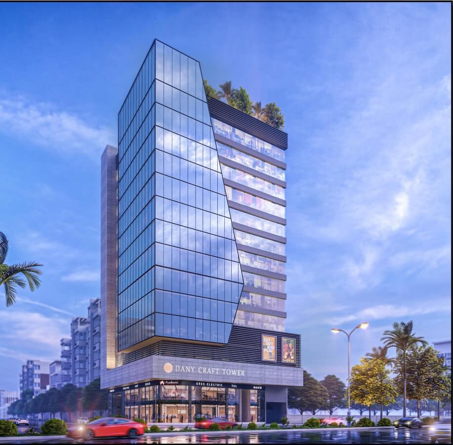 Dany Craft Tower Luxury Offices & Shops for Sale In Ma Jinnah Road Saddar Karachi Dany Craft Tower in Karachi: modern glass high-rise with angled facade, luxury office floors, ground-level shops, rooftop gre