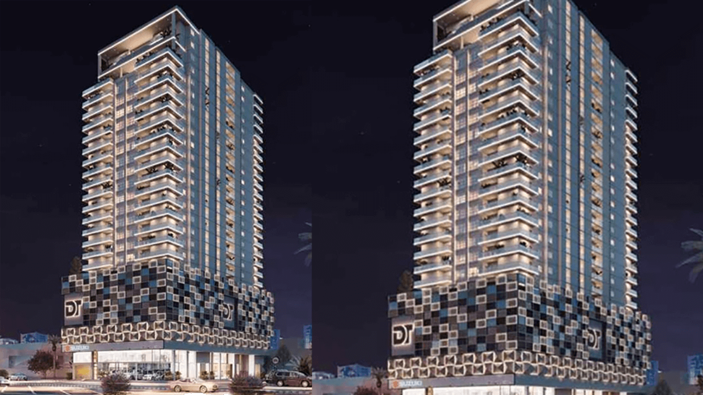 Night View Of Downtown Icon Luxury Apartments In Pechs, Twin High-Rise Towers With Glass Facades, Balconies, Mosaic-Patterned