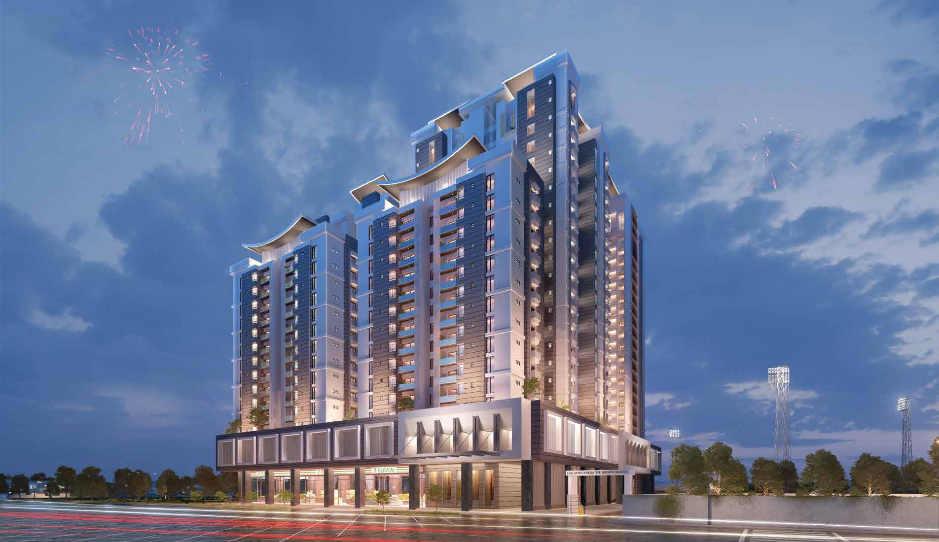 Front Elevation The Court Heights Karachi Luxury Flats for Sale In Karachi The Court Heights luxury flats in Karachi: multi-tower modern building at dusk with fireworks, trees, and lit base