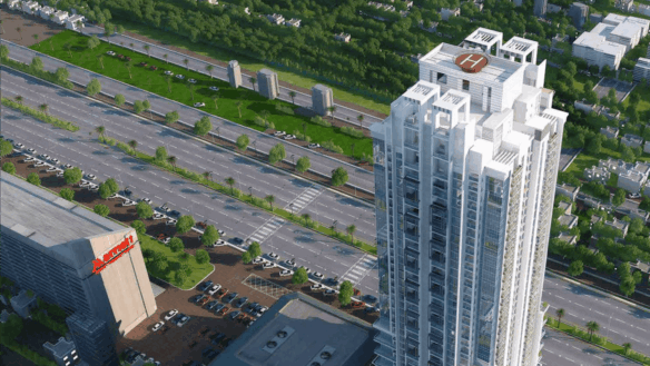 Aerial View Of Hsj Icon Clifton High-Rise Tower In Karachi, White Modern Facade With Hsj Logo, Rooftop Helipad, Surrounded By