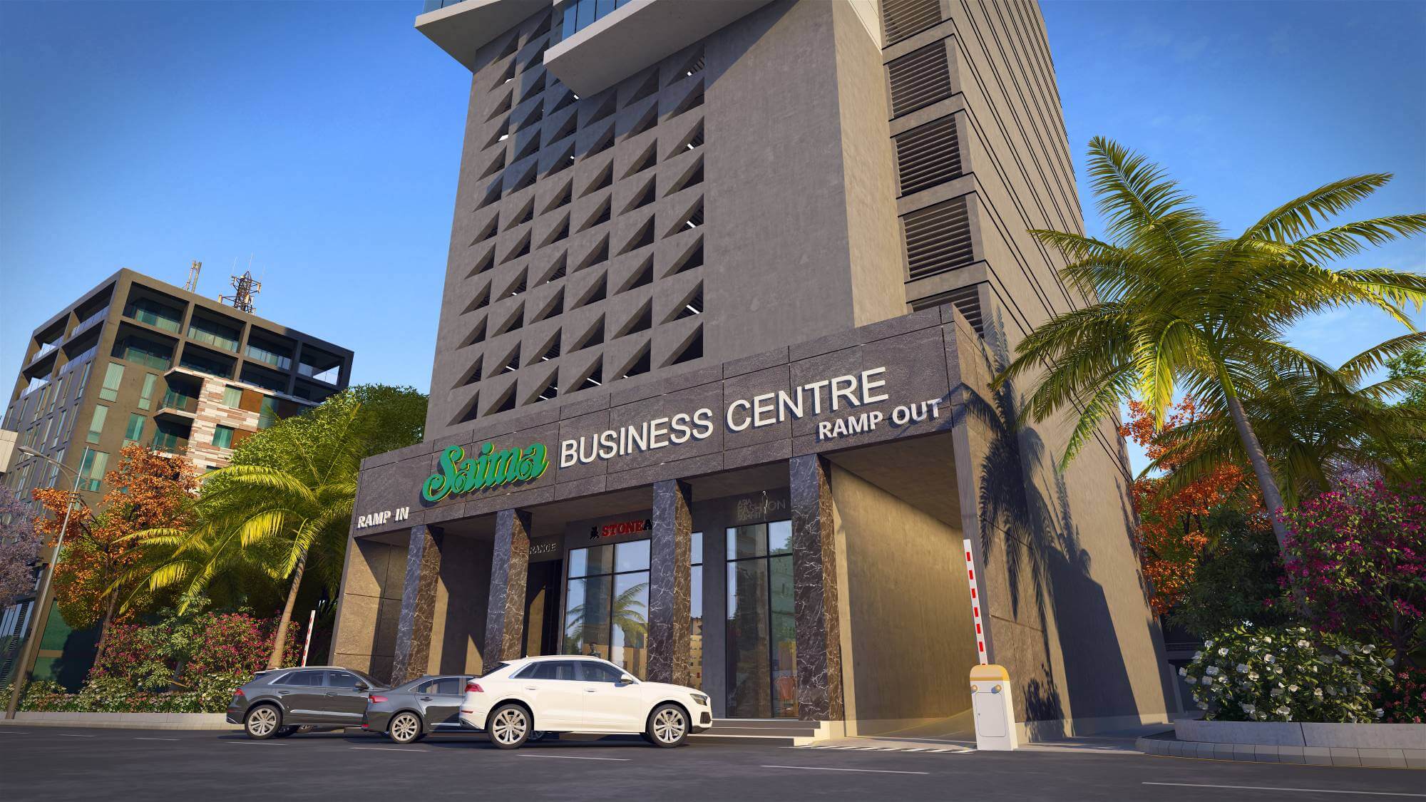 Saima Business Center Office Spaces for Sale in Clifton Saima Business Center modern office building in Clifton with grid facade, glass entrance, parked cars and palm trees