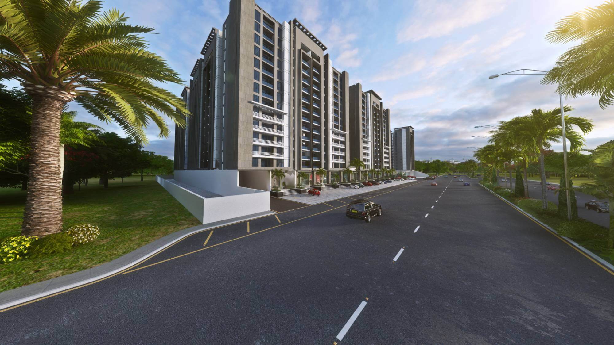 Saima Greens Residencia Luxury Flats For Sale near Airport Multi-story luxury flats at Saima Greens Residencia near airport, gray modern buildings with balconies, palm trees, landscape