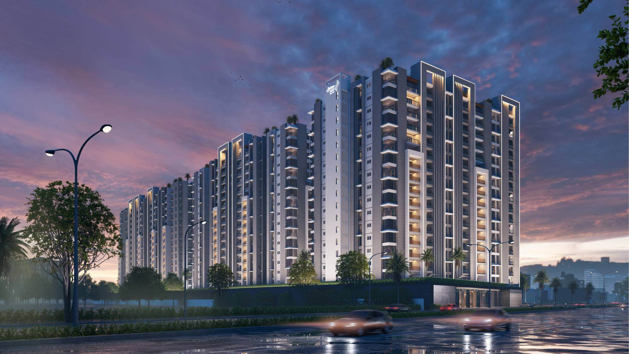 Saima Shield Towers Luxury Flat For Sale in Gulshan-e-Iqbal Saima Shield Towers luxury high-rise in Gulshan-e-Iqbal, modern towers with glass facades, lit windows, palm trees, and dusk