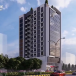 Modern Multi-Story Facade Of Charlie Trade Tower Office Building With Glass Panels, Balconies, Palm Trees And Street View