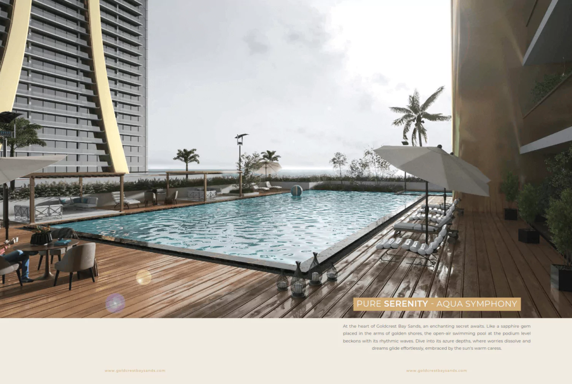 Swimming Pool View View In Goldcrest Bay sand at HMR Waterfront Apartments For Sale In DHA Phase 8 Karachi