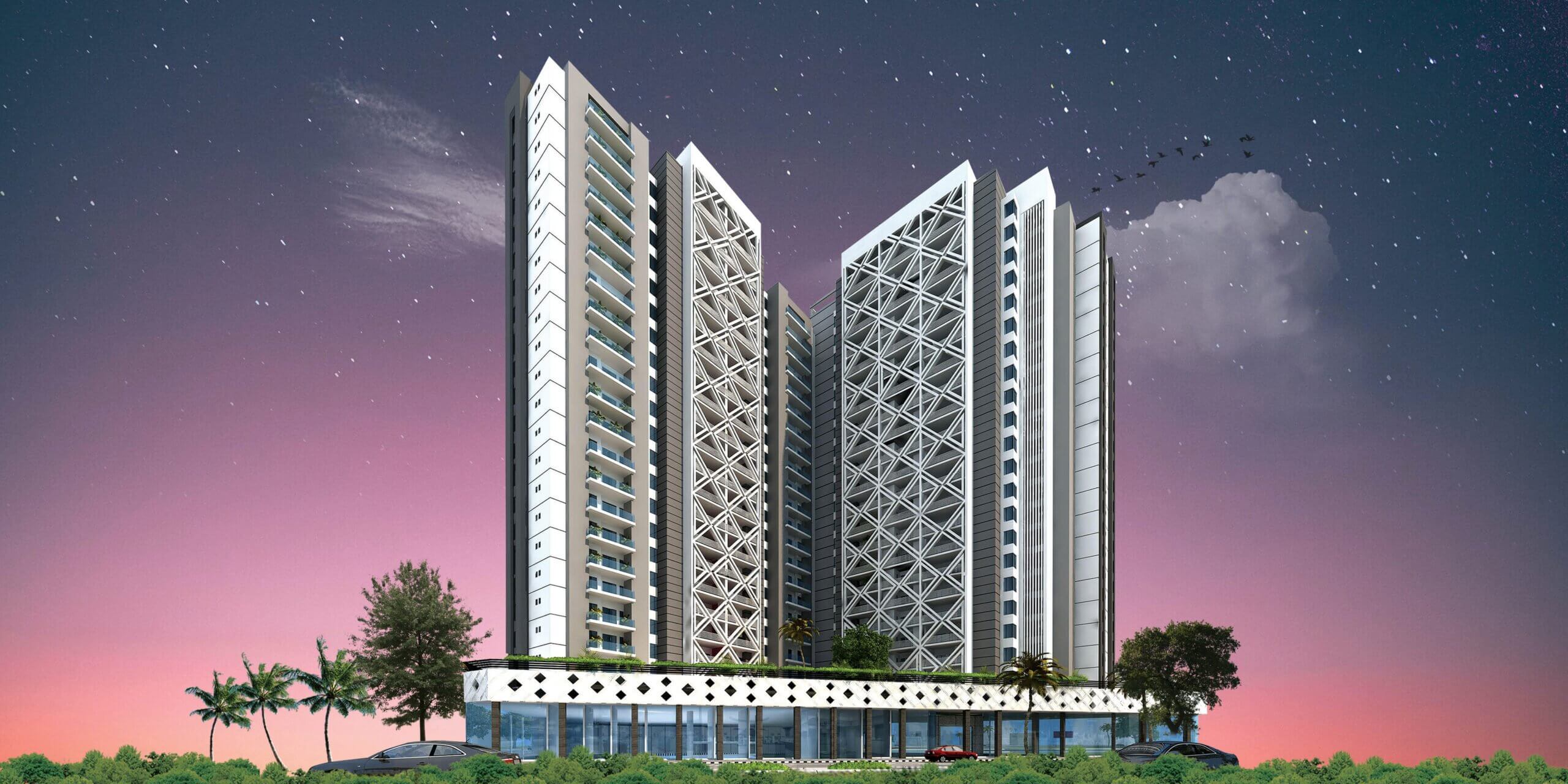 Victoria Residency Luxury Apartments For Sale in Karachi Modern multi-tower apartments at Victoria Residency in Karachi, white lattice facades, palm trees, purple dusk sky