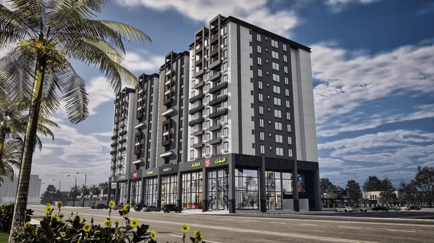 Luxury Living Awaits at Sumsum Grand 2 Executive Towers Karachi Main Jinnah Avenue MaxX Capitals Sumsum Grand 2 Executive Towers exterior with sleek black and white facade, multiple balconies, ground-floor glass retail spa