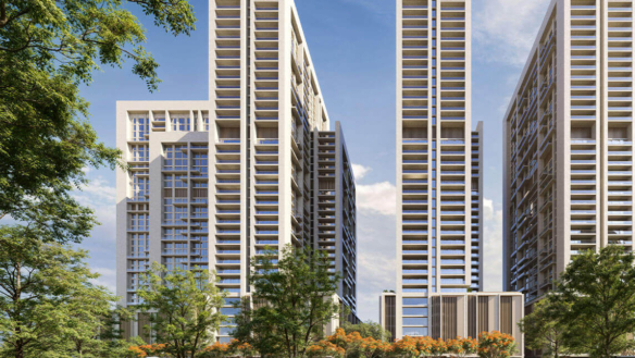 Lagoon Views Tower 1 Modern High-Rise Towers In Korangi Creek With Glass Facades, Lush Green Trees, Gardens, Pathways, And Pe
