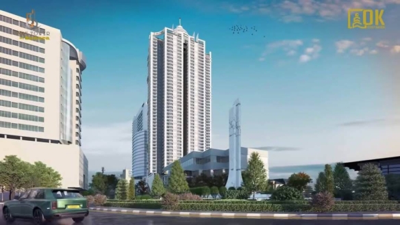 Sawera 5 Sky Tower High-Rise In Clifton With Sleek White Facade, Curved Tower Design, Adjacent Buildings, Obelisk, Fountain, 