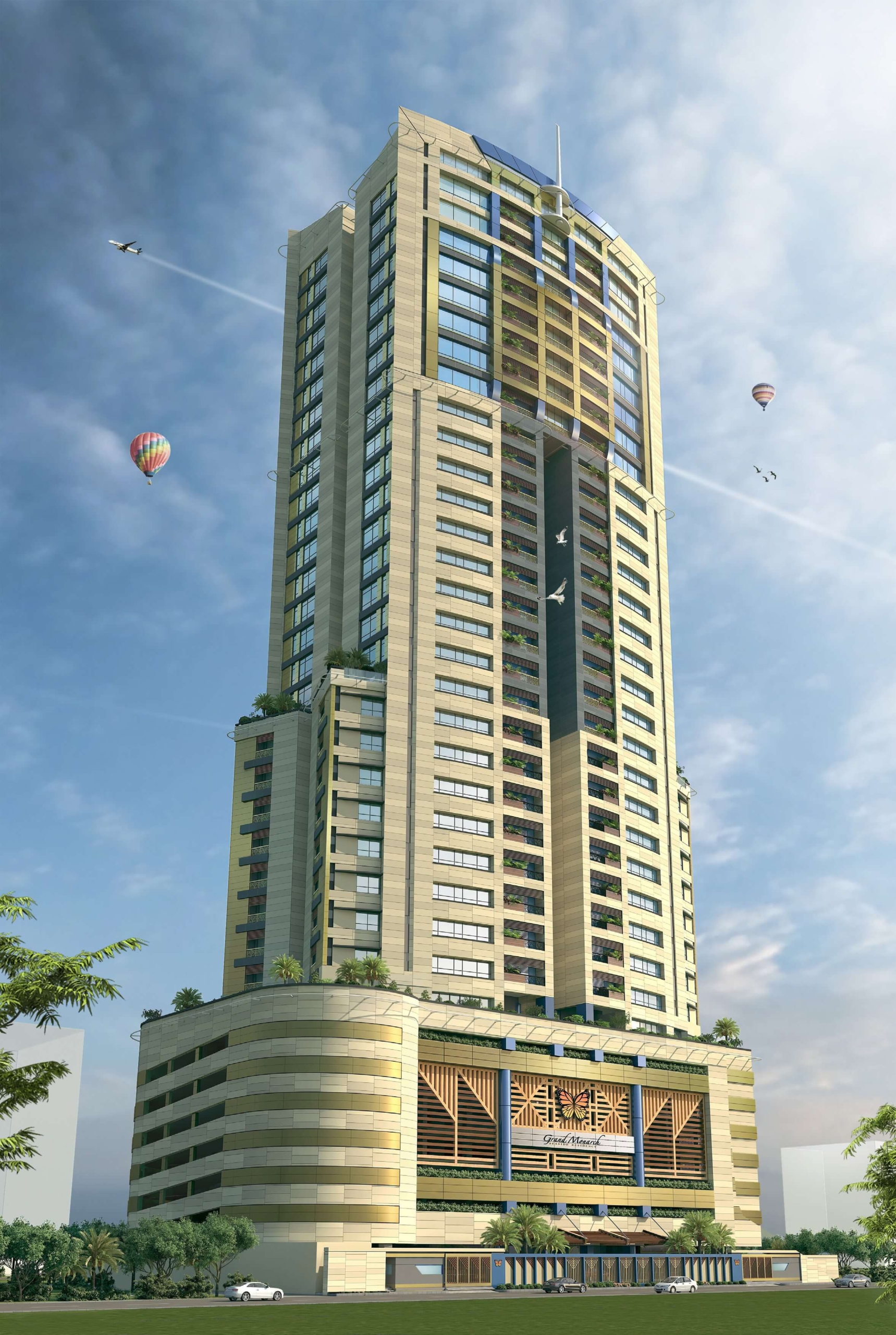 Luxury 3-Bed Apartment for Sale in Grand Monarch Seaside Residency, Karachi – MaxX Capitals Grand Monarch Seaside Residency high-rise tower with curved beige facade, glass balconies, palm trees, and entrance signage