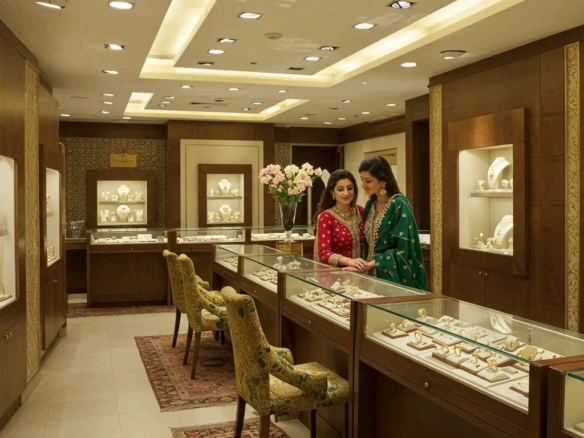 Top 10 Best Jewellers In Karachi For Luxury Buyers 25 Luxury Jewellery Store In Karachi Displaying Gold And Diamond Pieces, With A High Networth Family Browsing, Set Against Elegant Decor With Traditional Pakistani Motifs