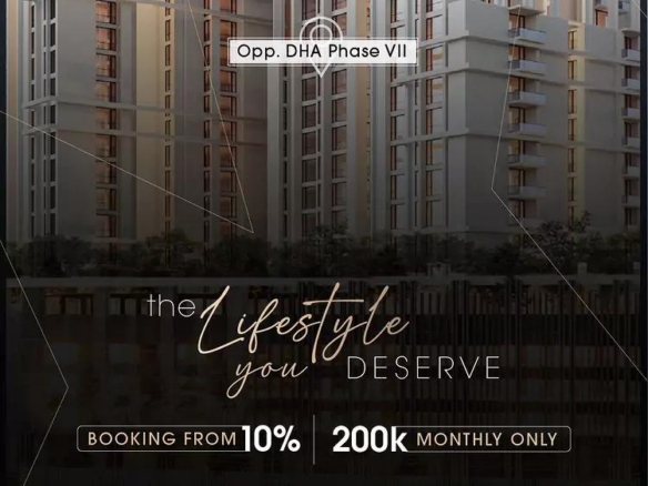 Modern High-Rise Residential Towers Opposite Dha Phase Vii With Glass Facades And Golden Hour Lighting