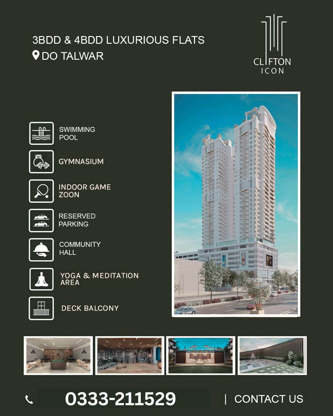 Clifton Icon Do Talwar Twin-Tower Luxury Apartments In Block 9 Clifton Karachi With Amenities Icons For Pool Gym Yoga Parking