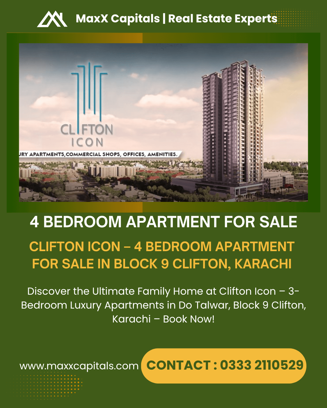 Exterior Of Clifton Icon High-Rise In Block 9 Clifton Karachi With 4-Bedroom Apartment Details