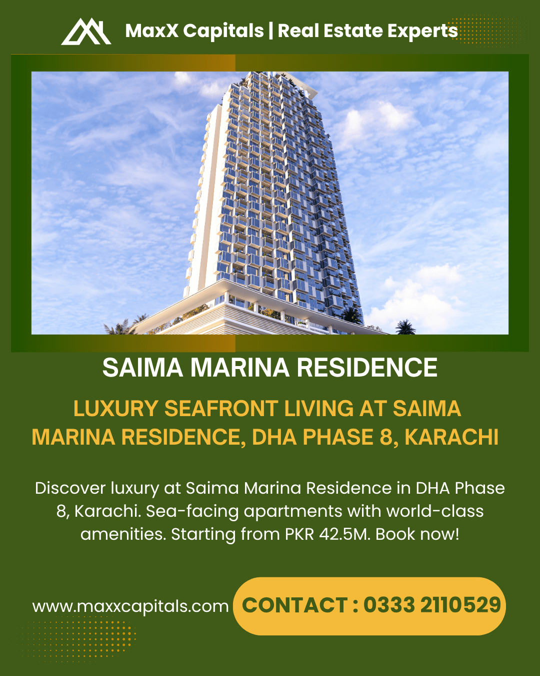 Tall Modern High-Rise Saima Marina Residence Seafront Building In Dha Phase 8, Karachi