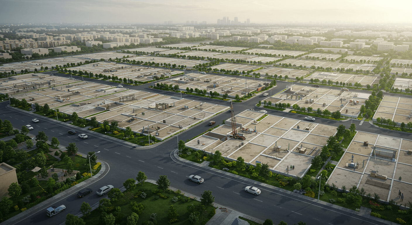 Aerial view of gridded plots in DHA Phase 8 beachfront area with beige structures, roads, cars, greenery, and distant city sk