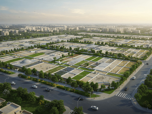 Aerial View Of 500 Sq Yd Plot In Dha Phase 8 Beachfront With Grid Layout, Landscaped Green Spaces, Wide Roads, And Modern Low