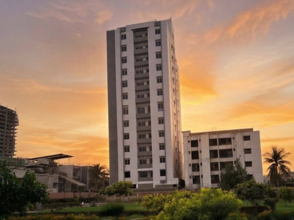 Park-Facing High-Rise Apartment Tower In Zamzam Parkview, Clifton Block 8, With Landscaped Gardens, Palm Trees, And Sunset Sk
