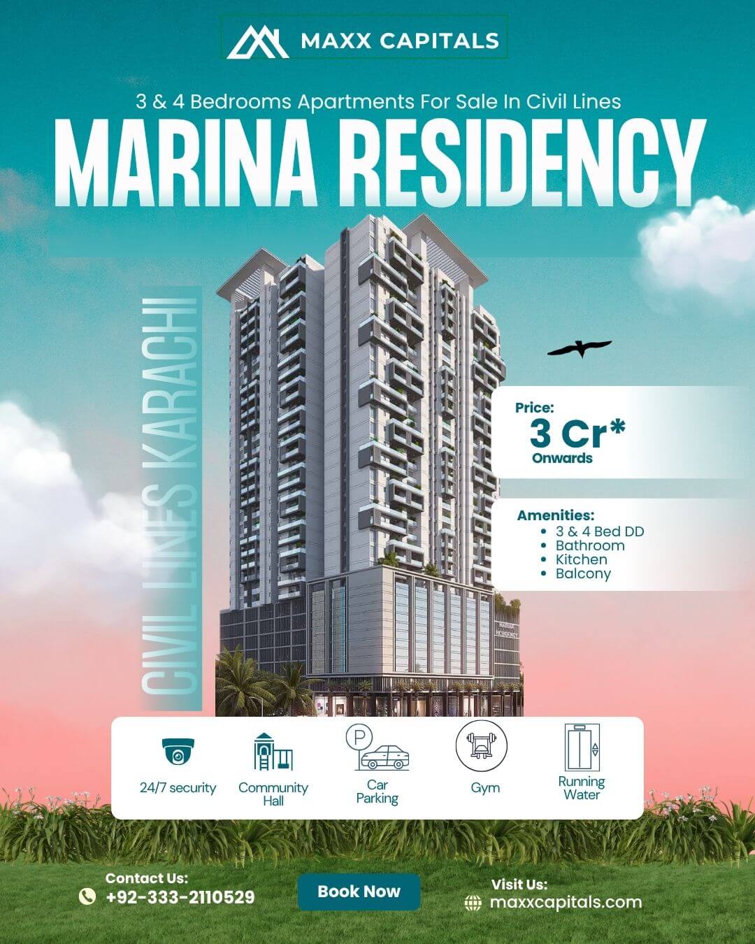 Modern high-rise Marina Residency building in Civil Lines with 3-bed apartments, glass facade, balcony views, amenities inclu