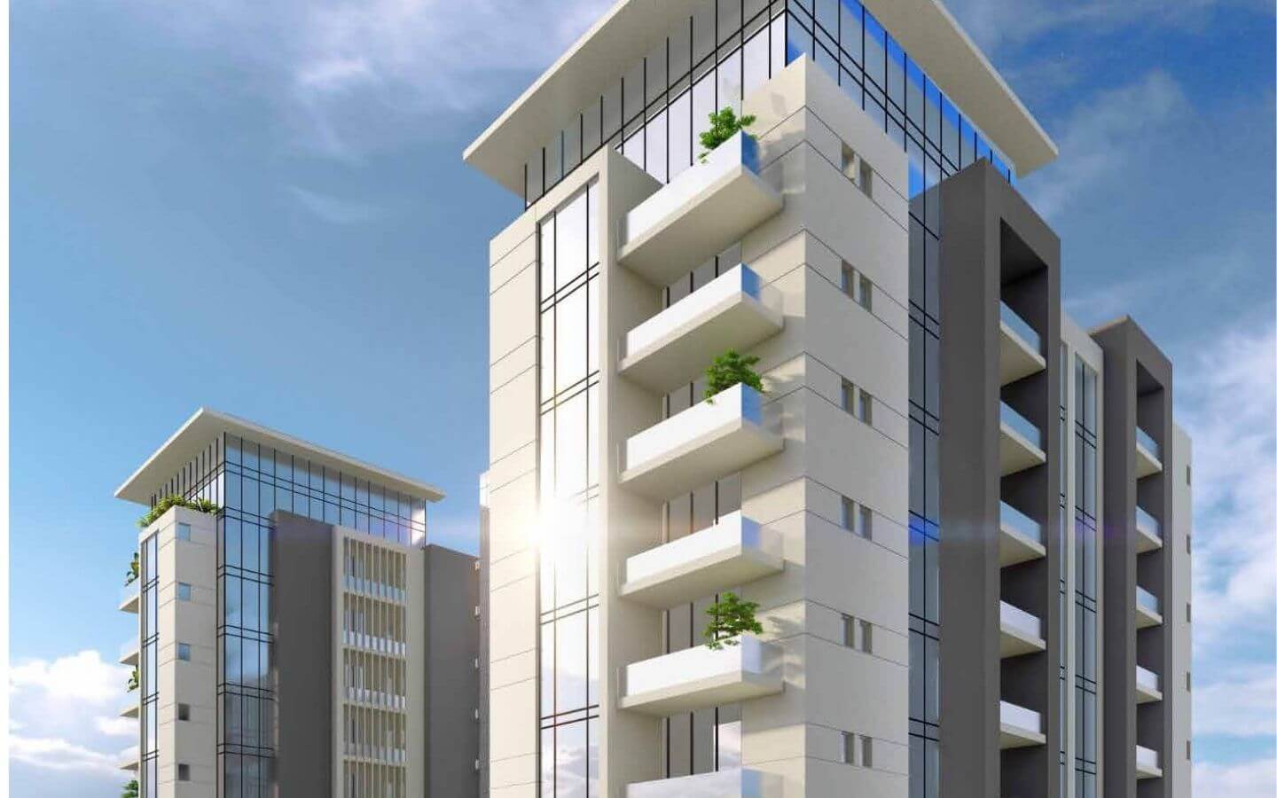 Modern High-Rise Facades Of Falaknaz K-I Towers Clifton With Glass Panels, White Exteriors, Planted Balconies, And Blue Sky