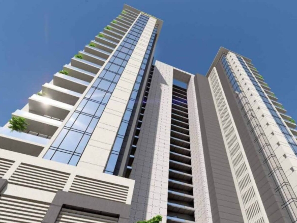 Modern High-Rise Falaknaz K-I Towers At Bath Island With Glass Facades, Balconies, And Greenery On Blue Sky Backdrop