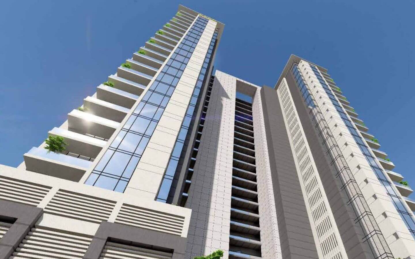 Modern High-Rise Falaknaz K-I Towers At Bath Island With Glass Facades, Balconies, And Greenery On Blue Sky Backdrop