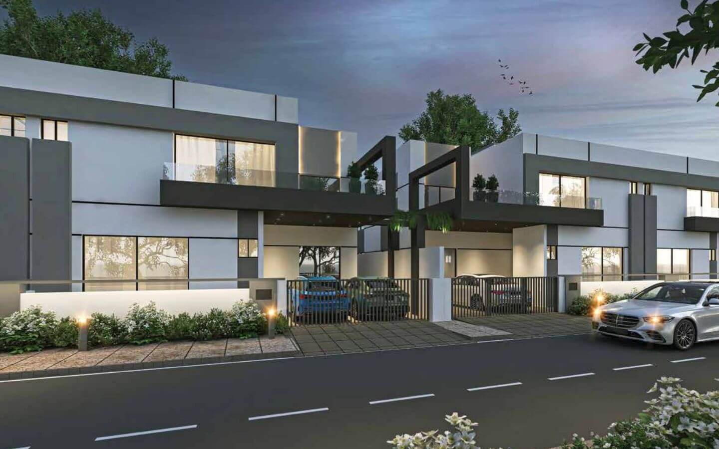 Modern Askari Villas At Askari Vi Karachi With White-Gray Facades, Glass Balconies, Gated Driveway, Parked Cars, Landscaping