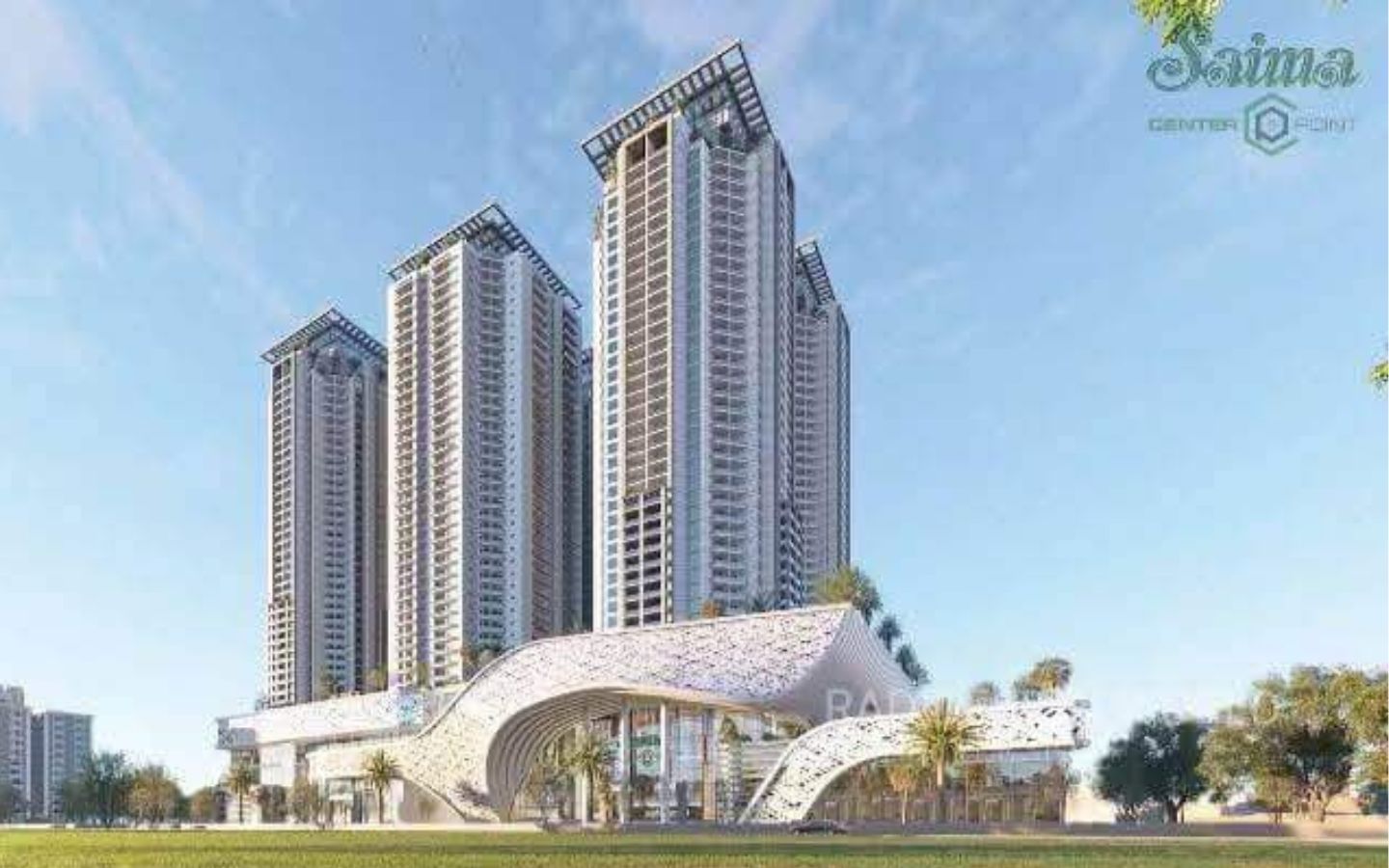 Modern High-Rise Towers And Curved Entrance Pavilion At Saima Center Point Pre-Launch On Jinnah Road, Karachi, With Palm Tree