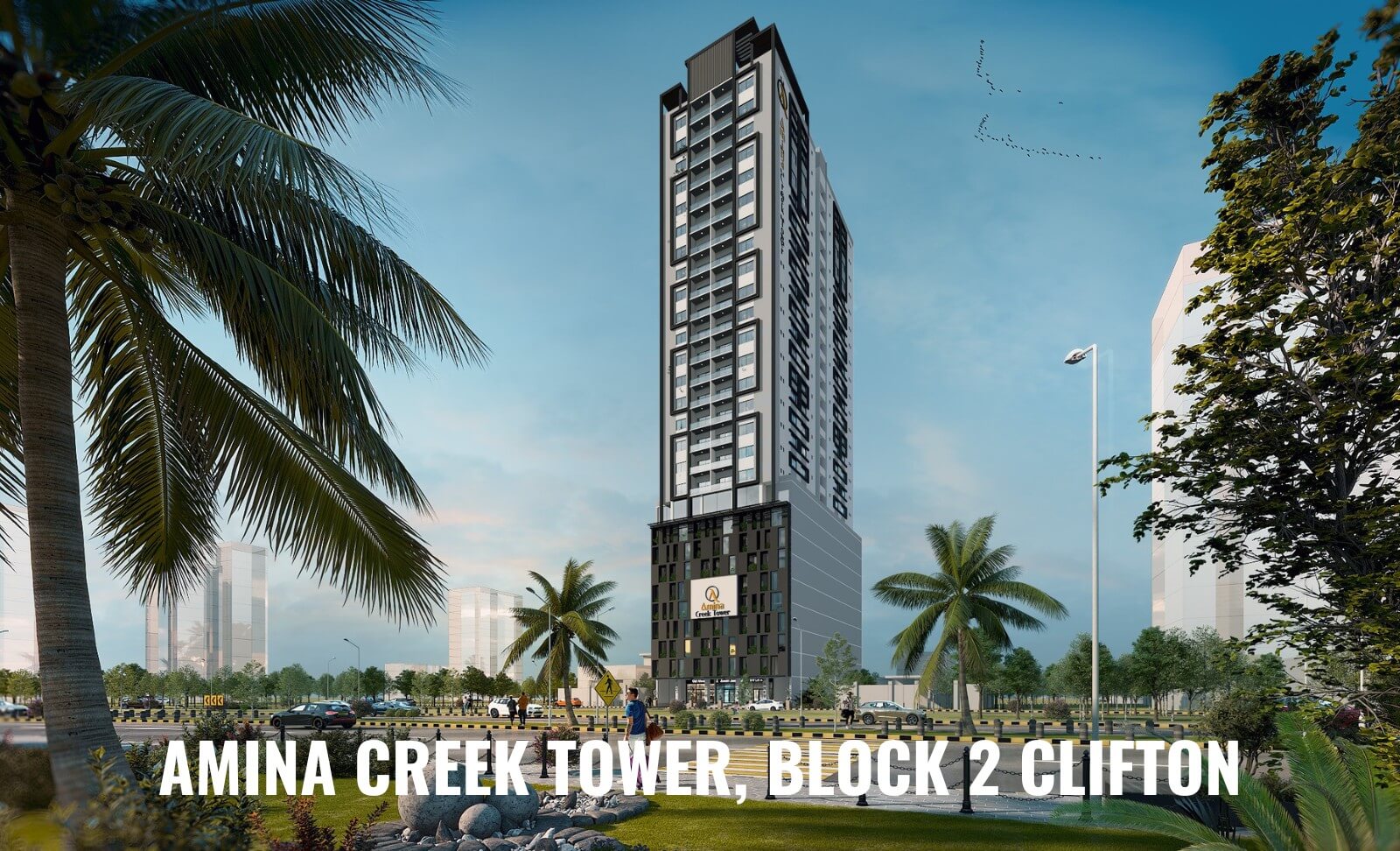 Amina Creek Tower Clifton Block 2 High-Rise With Sleek Black And White Facade, Gold Accents, Palm Trees, Landscaped Gardens A