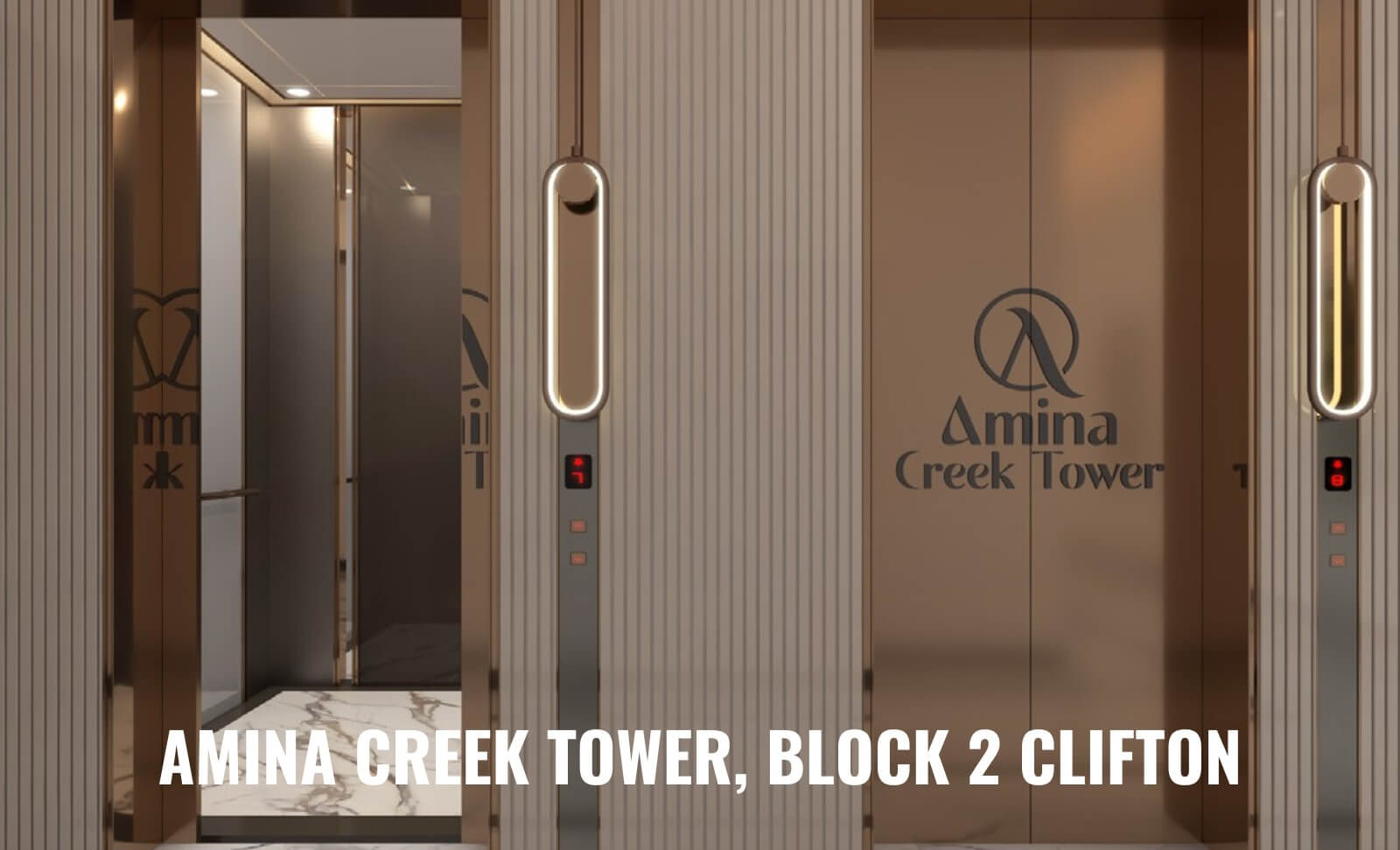 3-Bed Apartment for Sale at Amina Creek Tower Clifton Block 2 – PKR 1.8 Cr Down, 36-Month Plan (11) Modern elevators in Amina Creek Tower Clifton Block 2 with beige panels, LED lighting, branded doors and marble flooring