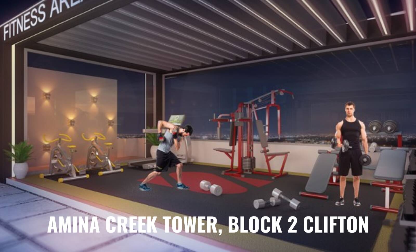 3-Bed Apartment for Sale at Amina Creek Tower Clifton Block 2 – PKR 1.8 Cr Down, 36-Month Plan (13) Fitness area in Amina Creek Tower Clifton Block 2 with yellow spin bikes, red weight machines, dumbbells, and men exercising