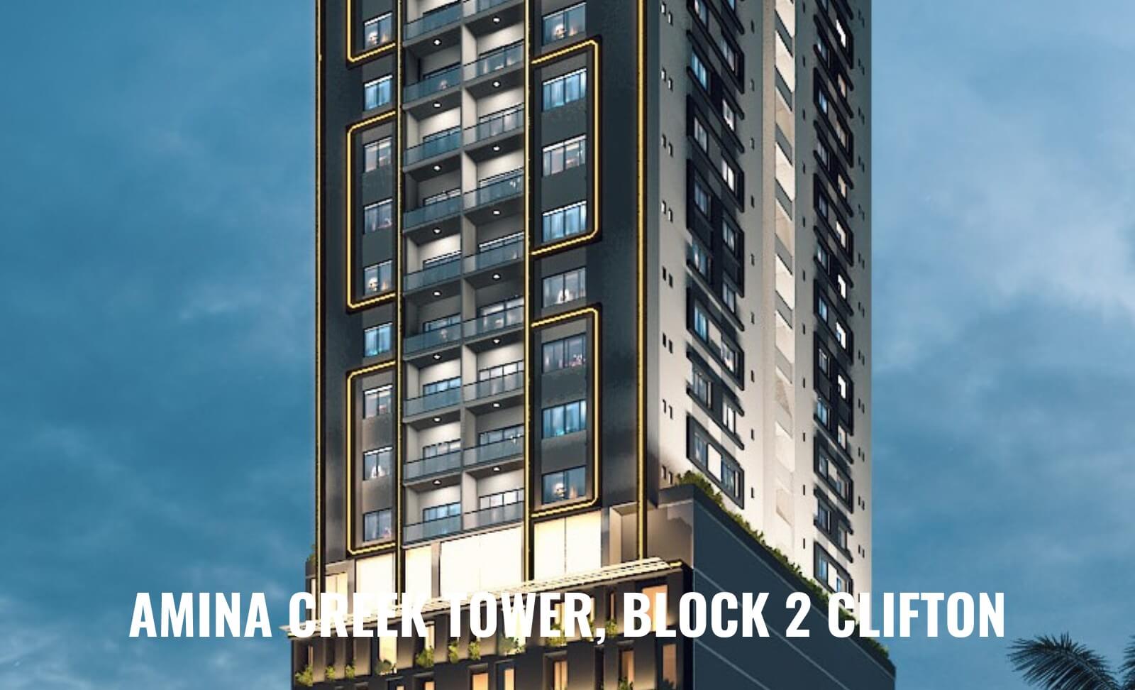 3-Bed Apartment for Sale at Amina Creek Tower Clifton Block 2 – PKR 1.8 Cr Down, 36-Month Plan (14) Amina Creek Tower Block 2 Clifton high-rise facade with balconies, large glass windows, gold accents, and evening lighting