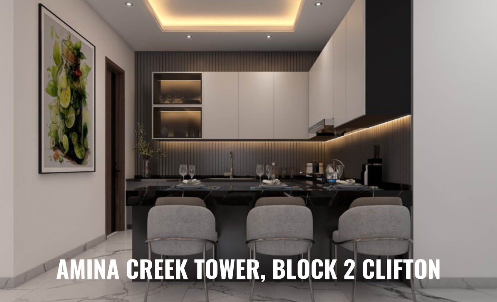 3-Bed Apartment for Sale at Amina Creek Tower Clifton Block 2 – PKR 1.8 Cr Down, 36-Month Plan (2) Modern kitchen in 3-bed apartment at Amina Creek Tower Clifton Block 2 with white cabinets, black island, bar stools, LED lig