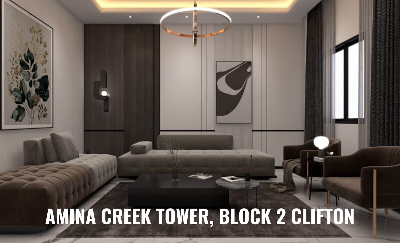 3-Bed Apartment for Sale at Amina Creek Tower Clifton Block 2 – PKR 1.8 Cr Down, 36-Month Plan (3) Modern living room in Amina Creek Tower Clifton Block 2 apartment with L-shaped sofa, circular chandelier, wall art, and larg