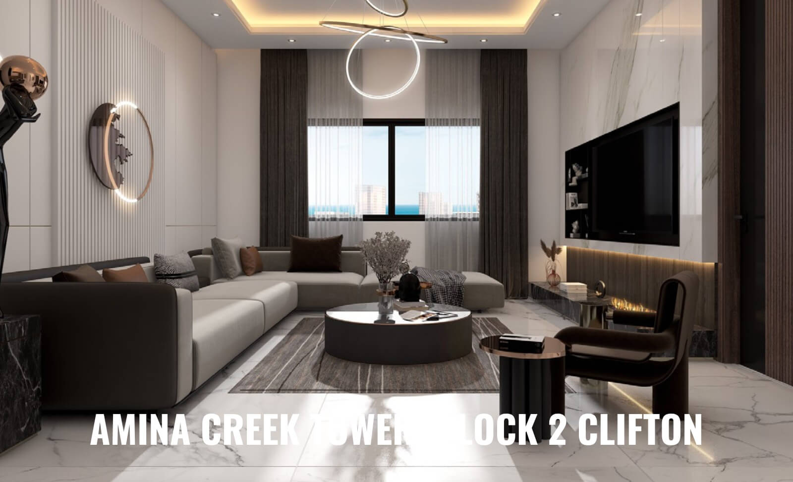 3-Bed Apartment for Sale at Amina Creek Tower Clifton Block 2 – PKR 1.8 Cr Down, 36-Month Plan (4) Spacious modern living room in 3-bed apartment at Amina Creek Tower Clifton Block 2 with L-shaped sofa, sea view windows, mar