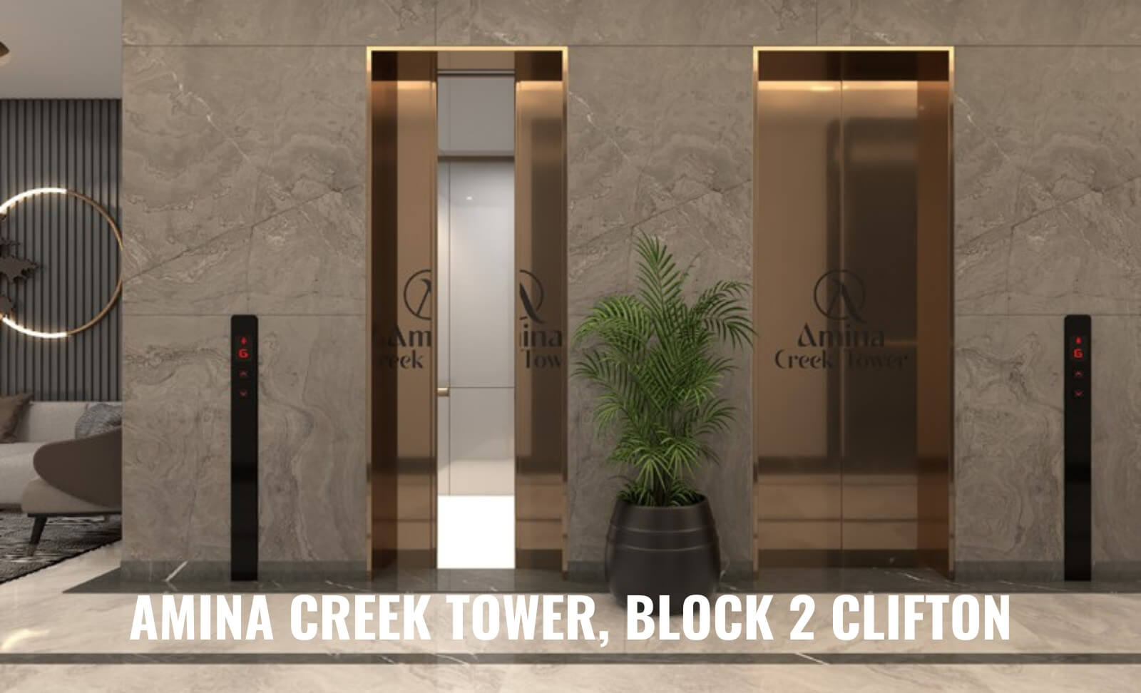 3-Bed Apartment for Sale at Amina Creek Tower Clifton Block 2 – PKR 1.8 Cr Down, 36-Month Plan (5) Elevator lobby at Amina Creek Tower Block 2 Clifton with gold doors, marble walls, potted plant, seating and modern lighting