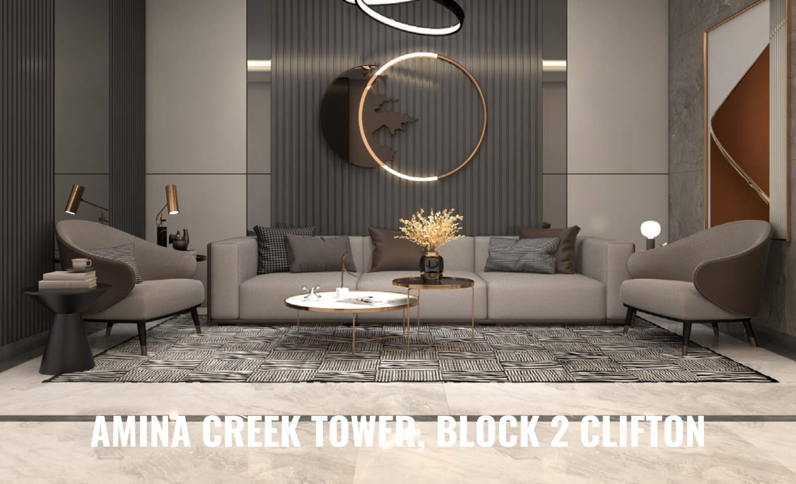 3-Bed Apartment for Sale at Amina Creek Tower Clifton Block 2 – PKR 1.8 Cr Down, 36-Month Plan (7) Modern living room in 3-bed apartment at Amina Creek Tower Clifton Block 2 with gray L-shaped sofa, armchairs, gold coffee ta