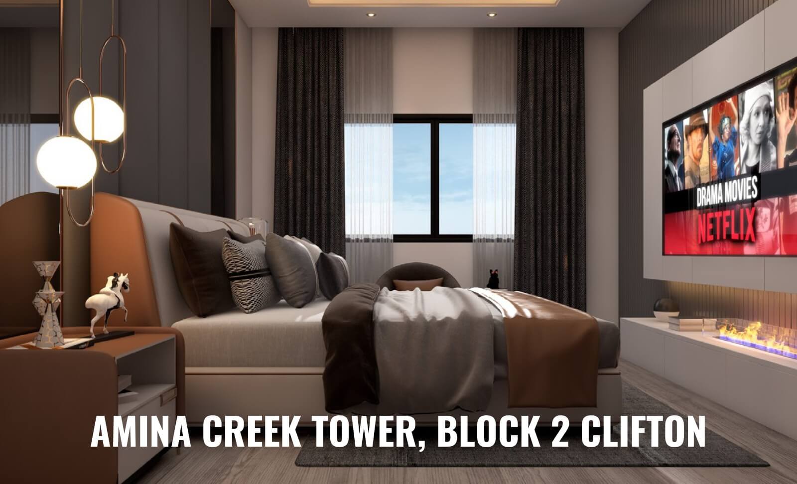 3-Bed Apartment for Sale at Amina Creek Tower Clifton Block 2 – PKR 1.8 Cr Down, 36-Month Plan (8) Spacious master bedroom in Amina Creek Tower Clifton Block 2 apartment with king bed, large wall TV, gas fireplace, pendant l