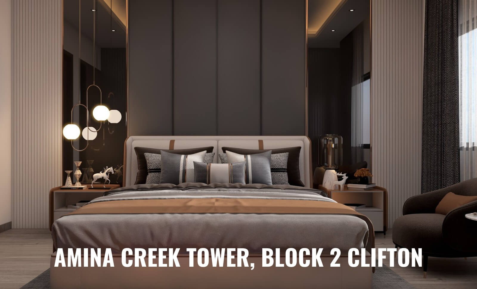 3-Bed Apartment for Sale at Amina Creek Tower Clifton Block 2 – PKR 1.8 Cr Down, 36-Month Plan (9) Master bedroom in Amina Creek Tower Clifton Block 2 with king-sized bed, pendant lights, mirrors, fluted panels, curtains, an