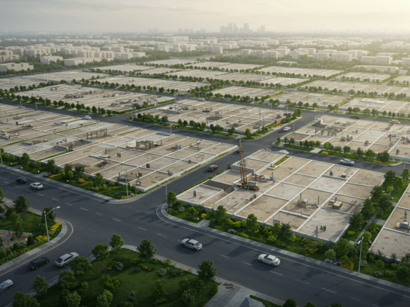 Aerial View Of Residential Plots Under Construction In Dha Phase 8 Zone B Karachi, With Flat-Roofed Buildings, Roads, Cars, C