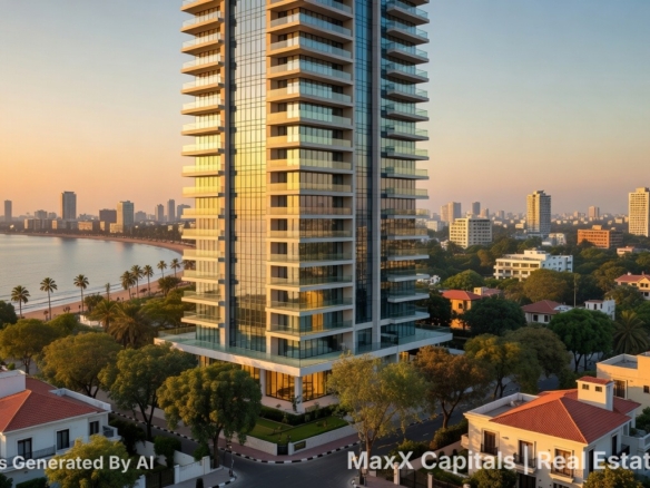 Aerial View Of Falaknaz K-I Towers Clifton Karachi High-Rise At Sunset Overlooking Sea Palm Trees And City Skyline