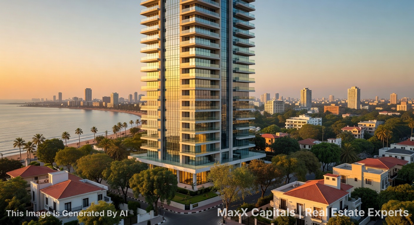 Aerial View Of Falaknaz K-I Towers Clifton Karachi High-Rise At Sunset Overlooking Sea Palm Trees And City Skyline