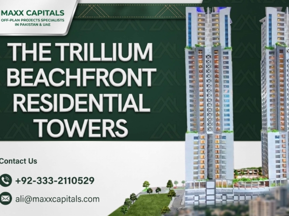 Modern Illuminated High-Rise Towers At The Trillium Dha Enclave Clifton Beachfront With Glass Facades And Greenery