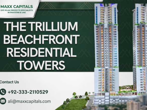 Modern Illuminated High-Rise Towers At The Trillium Dha Enclave Clifton Beachfront With Glass Facades And Greenery