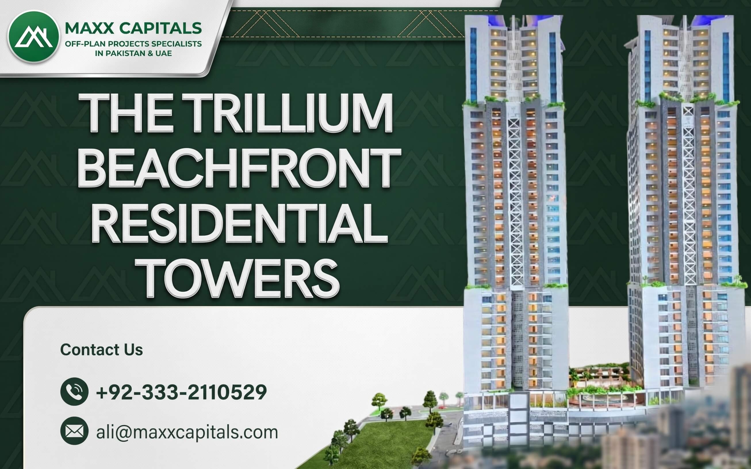 3-Bed Apartment New Booking at The Trillium DHA Enclave Clifton Modern illuminated high-rise towers at The Trillium DHA Enclave Clifton beachfront with glass facades and greenery