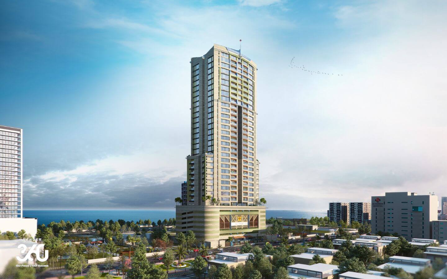 4-Bed Apartment for Sale at Grand Monarch Seaside Residency Clifton (1) Grand Monarch Seaside Residency high-rise in Clifton with sea views and modern tower architecture